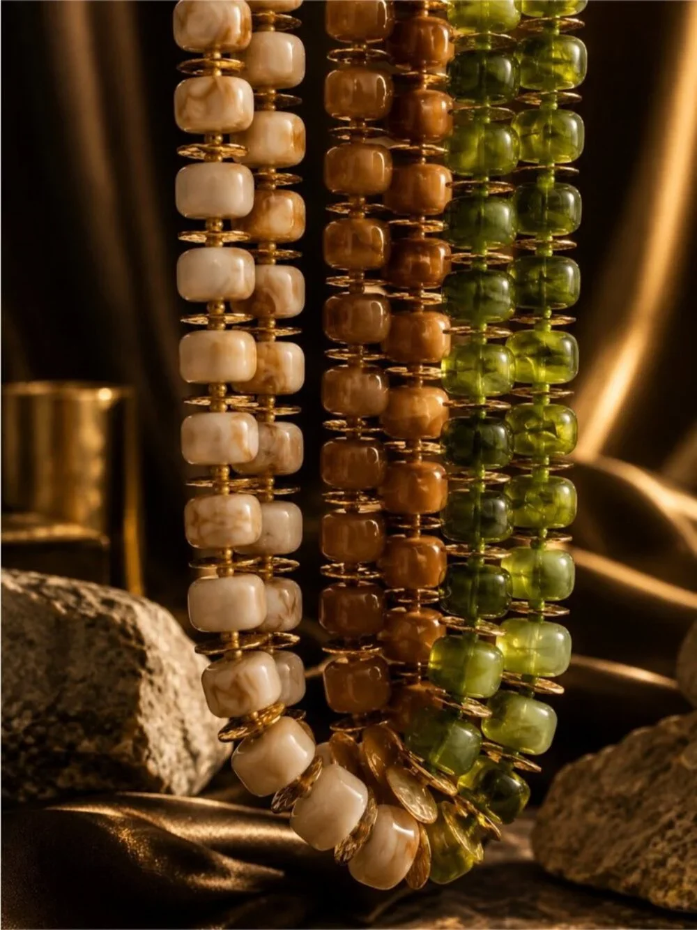 Cream and Gold Marble Resin Bead Necklace
